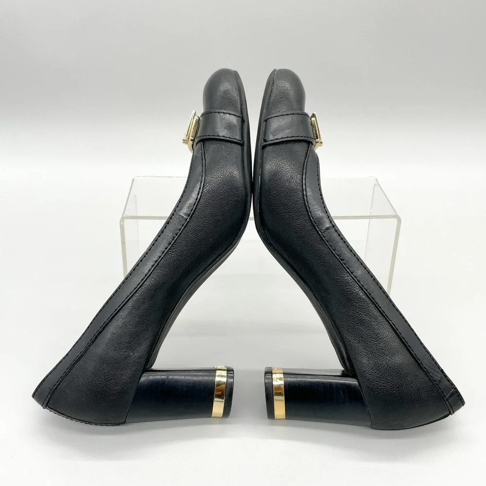 Tory Burch Womens 8.5M Pump Heels Shoes Black Leather Gold Buckle Office Classic